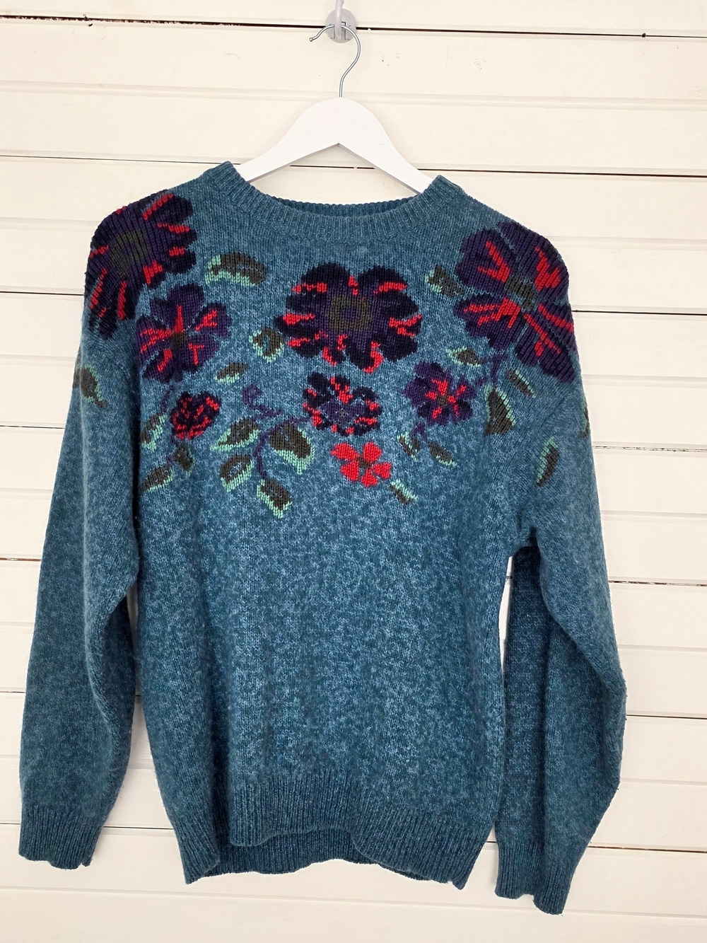 90's Vintage Northern Reflections Floral Knit Sweater M Medium Blue Wool Blend